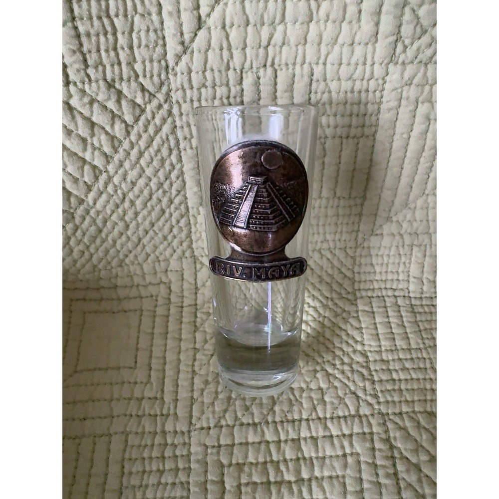 Riviera Maya Mexico Shot Glass Pewter Mayan Pyramid Souvenir Barware